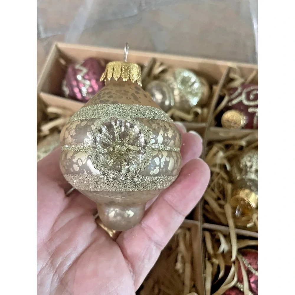 Vtg Set of 9 Ashland‎ Glass Glitter Frosted Pink Gold Christmas Ornaments NIB
